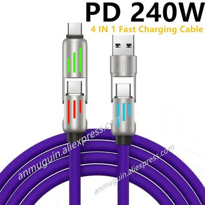 240W 4 in 1 Functional Super Fast Charge USB Type C Liquid Silicone Aluminum Alloy Data Cable for Iphone Huawei Samsung Xiaomi