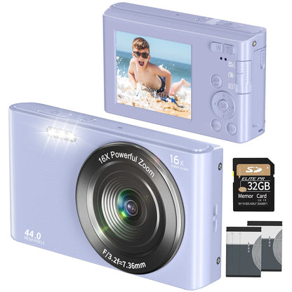 Digital Camera 4K 44MP Kids Camera with 32GB SD Card 2.4 Inch Point and Shoot Camera With16X Digital Zoom Compact Mini Camera for Students Seniors（Green）