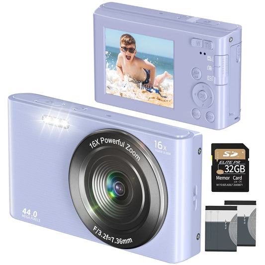 Digital Camera 4K 44MP Kids Camera with 32GB SD Card 2.4 Inch Point and Shoot Camera With16X Digital Zoom Compact Mini Camera for Students Seniors（Green）