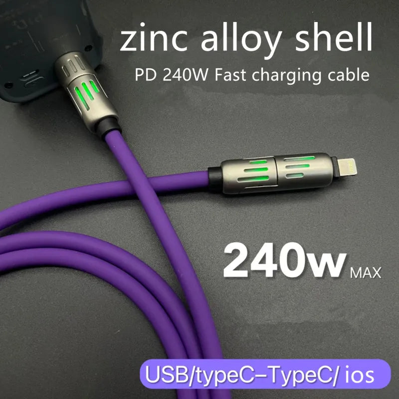 240W 4 in 1 Functional Super Fast Charge USB Type C Liquid Silicone Aluminum Alloy Data Cable for Iphone Huawei Samsung Xiaomi